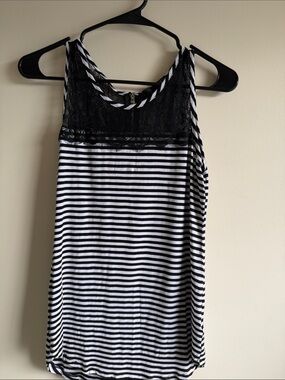 Black & White Striped Lace Yoke Tank Top